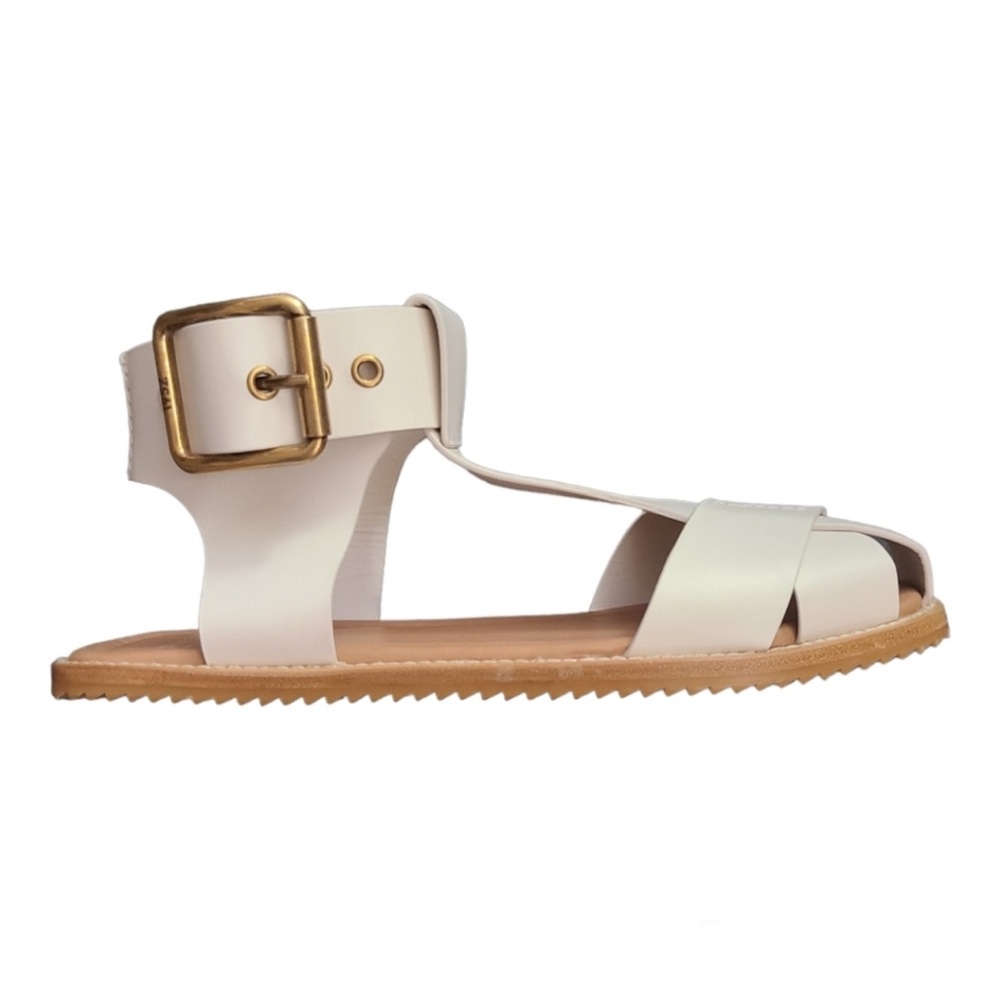 Moncler White Leather Ankle-Strap Sandals with Gold Buckle